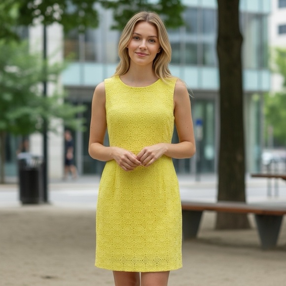 Vintage 60s Shift Dress Size 12 Yellow Floral Lace Overlay Sleeveless Retro - Picture 1 of 12